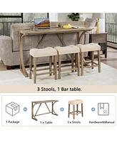 4-Piece Bar Table Set with Power Outlet and 3 Padded Stools