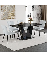 Black & Gold Glass Dining Table Set with 4 Light Gray Chairs