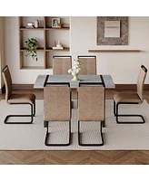 Modern Grey Marble Mdf Dining Set with 6 Tech Fabric Chairs and Black Arched Legs