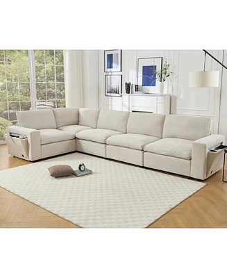 Modular Sectional Sofa with Wireless Charger, Cup Holders, Book Space, and Soft Linen Fabric (5-seat, Beige)