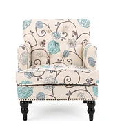 Contemporary Club Chair in Blue and Beige Floral Fabric