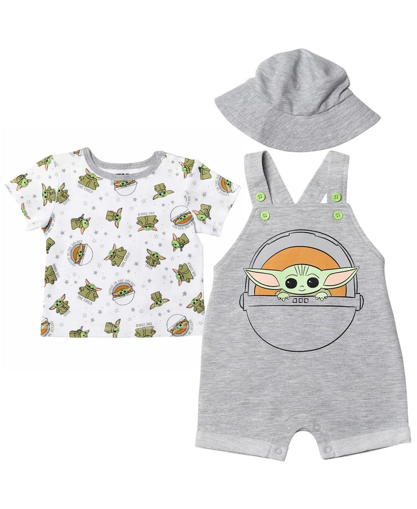 The Mandalorian Baby Boys Yoda Short Overalls, French Terry T-Shirt and Bucket Sun Hat 3 Piece Outfit Set