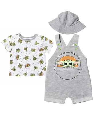 The Mandalorian Baby Boys Yoda Short Overalls, French Terry T-Shirt and Bucket Sun Hat 3 Piece Outfit Set