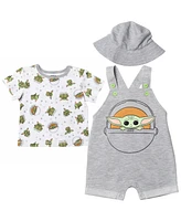 The Mandalorian Baby Boys Yoda Short Overalls, French Terry T-Shirt and Bucket Sun Hat 3 Piece Outfit Set