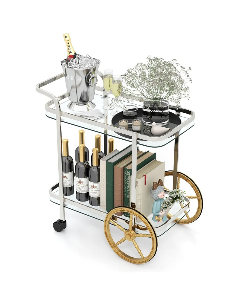 2-Tier Tempered Glass Bar Cart with 2 Large Aluminum Wheels and 2 Rolling Casters