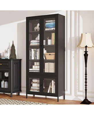 Large Metal Storage Cabinet Display Cabinet with 4 Glass Doors 5 Shelves Side Cabinet Bookcase Freestanding Cabinet for Bedroom Living Room Pantry Hom