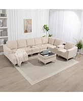 Beige Corduroy Convertible Sectional Sofa with Ottoman, Usb