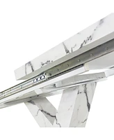 Modern Square Dining Table, Stretchable, with Printed White Marble Table Top+Mdf X-Shape Table Leg with Metal Base