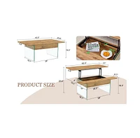 Multifunctional Lift Top Coffee Table with Glass Legs and Wood Grain Sticker, Perfect for Modern Home and Office