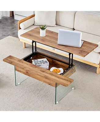 Multifunctional Lift Top Coffee Table with Glass Legs and Wood Grain Sticker, Perfect for Modern Home and Office