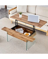 Multifunctional Lift Top Coffee Table with Glass Legs and Wood Grain Sticker, Perfect for Modern Home and Office