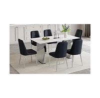 Snow Mountain White Dining Table Set with 6 Black Chairs