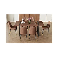 Industrial Walnut Dining Set with 6 Brown Suede Chairs