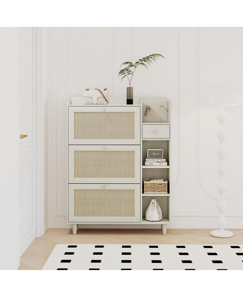 Natural Bohemia Style Shoe Cabinet, Shoe Rack Cabinet with 3 Rattan Flip Drawers,3 Square Shelves and 1 Storage Drawer, Shoe Organizer with Mulit Stor
