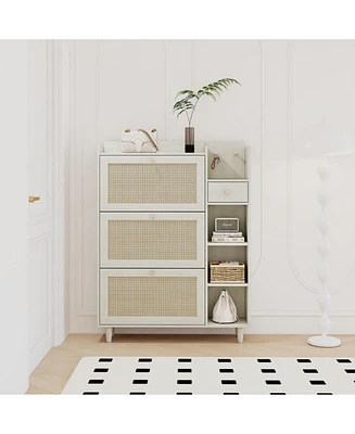 Natural Bohemia Style Shoe Cabinet, Shoe Rack Cabinet with 3 Rattan Flip Drawers,3 Square Shelves and 1 Storage Drawer, Shoe Organizer with Mulit Stor