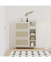 Natural Bohemia Style Shoe Cabinet, Shoe Rack Cabinet with 3 Rattan Flip Drawers,3 Square Shelves and 1 Storage Drawer, Shoe Organizer with Mulit Stor