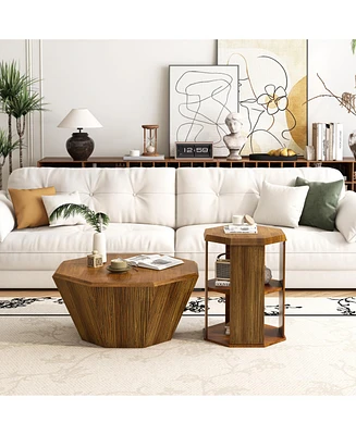 31.5" Octagonal Log Color Rubber wood Set of Two Coffee Table, Coffee Table, Living Room Bedroom(Set of Two Pieces)