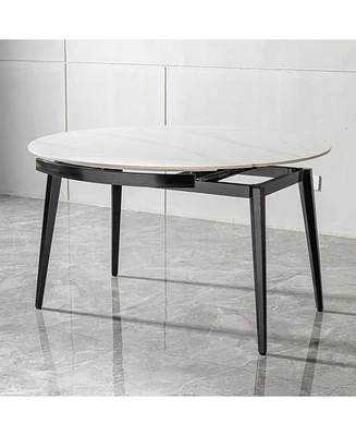 33.5" to 51.2" Extendable Sintered Stone Material Round White Dining Table