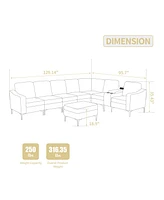 Beige Corduroy Convertible Sectional Sofa with Ottoman, Usb