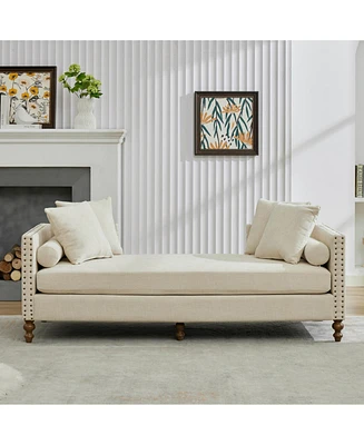 Upholstered Chaise Lounge with Sleeper Sofa, Pillows, Bolsters, and Nailheads (75.2")