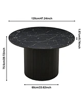 Black Marble Grain Dining Table, 47" Round, Wood Strip Base