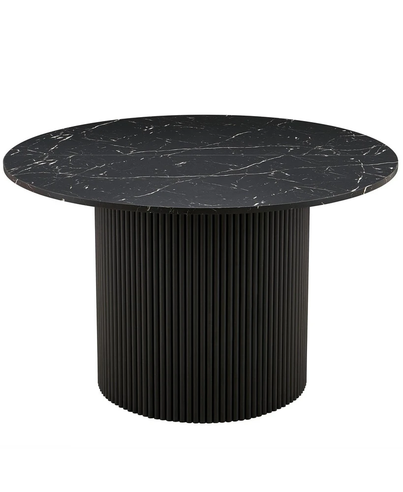 Black Marble Grain Dining Table, 47" Round, Wood Strip Base