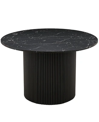 Black Marble Grain Dining Table, 47" Round, Wood Strip Base