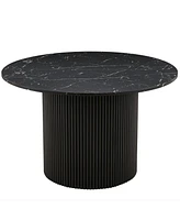Black Marble Grain Dining Table, 47" Round, Wood Strip Base