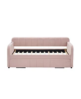 Twin Daybed Frame with Trundle, Sofa Bed, Wood Slat Support, Pink