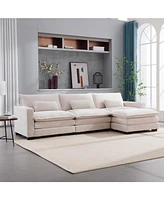 L Shape Sofa Couch with Usb & Cup Holders, Corduroy Stripe Fabric 3 Seater Sofa with 1 Ottoman, Beige