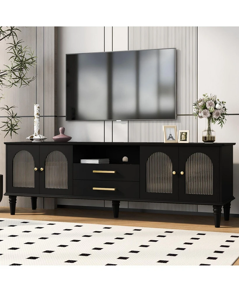 Retro Tv Stand with Fluted Glass Doors and Solid Wood Legs (up to 75")