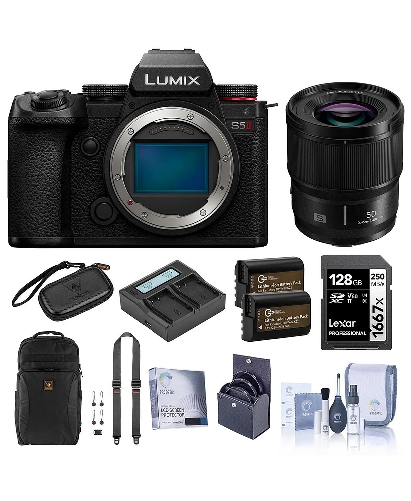 Panasonic Lumix S5II Mirrorless Camera, Black, with Lumix S 50mm f/1.8 Lens, Bundle with 128GB Memory Card, Alpine 190 Backpack, 2x Extra Battery, Dua