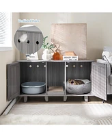 2-Door Cat Litter Box Enclosure with Winding Entry and Scratching Board