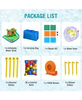 7-in-1 Inflatable Water Slide Park with Trampoline Climbing and 750W Blower