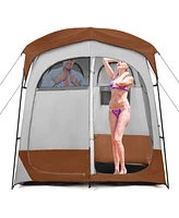 2 Rooms Oversize Privacy Shower Tent with Removable Rain Fly and Inside Pocket-Brown