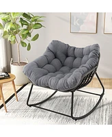 Outdoor Rocking Chair Oversized Patio Pe Wicker Egg Chair with Cushion-Gray
