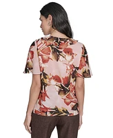 Calvin Klein Women's Printed Ruffle-Neck Button-Front Blouse
