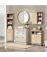 LuxenHome Natural Finish Wave-Patterned Manufactured Wood 1-Drawer 1-Door Bathroom Tower Cabinet