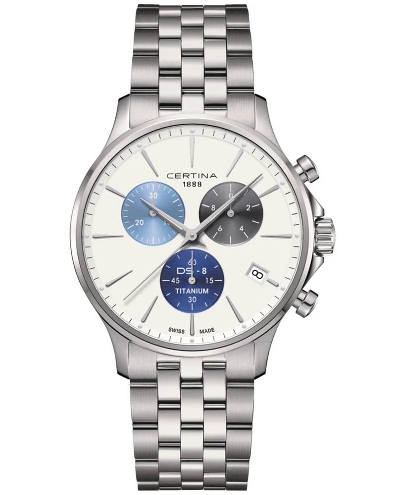 Certina Men's Swiss Chronograph Ds-8 Silver-Tone Titanium Bracelet Watch 41mm