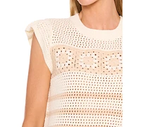 CeCe Women's Floral Crocheted Short-Sleeve Sweater