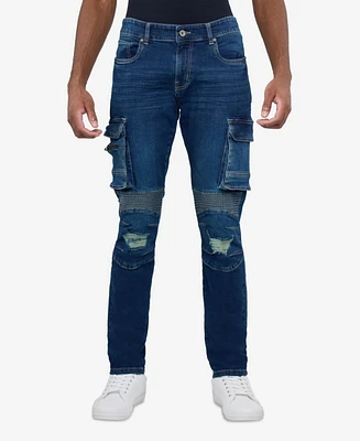 Raw X Men's Slim Fit Moto Rip Repair Cargo Jeans