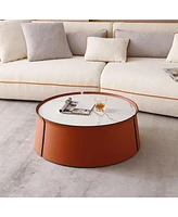 31.5" Coffee Table, Marble Top+Orange Saddle Leather Body+Iron Frame