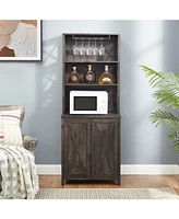 Wine Bar Cabinet with for Wine Glass Rack, Wood Frame Side Home Source Bar Cabinet and Hollow out Barn Design Wood Cabinet L26.75''W15.13''H66.1'' Cha