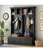 Farmhouse 4-in-1 Hall Tree with Wood Grain Bench, Mudroom Versatile Coat Rack with 2 Large Drawers, Large Entrance Organizer with 6 Black Hooks for Ha