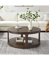 40inch Large Curved 2 Tier Traditional Round Circle Wooden Center Coffee Table,Mid Century Rounded Table with Wheels, Table for living Room,Office,Apa