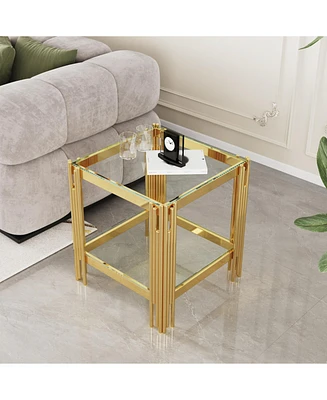 Top and Bottom Double Layer Tempered Glass End Table and Mirror Finished Stainless Steel Frame