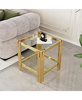 Top and Bottom Double Layer Tempered Glass End Table and Mirror Finished Stainless Steel Frame