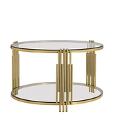 Modern Glass Coffee Table in 31.5", Asymmetrical Metal, Circular Metal Drum Base, Gold Finish & Lower Shelf