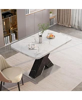 Modern Square Dining Table, Stretchable, Printed White Marble Table Top+Mdf Black X-Shape Table Leg with Metal Base