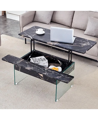 Multifunctional Lift Top Coffee Table with Tempered Glass Legs in Black Marble Pattern
